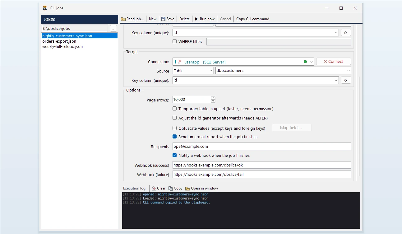 dbSlice Job CLI Construction tab