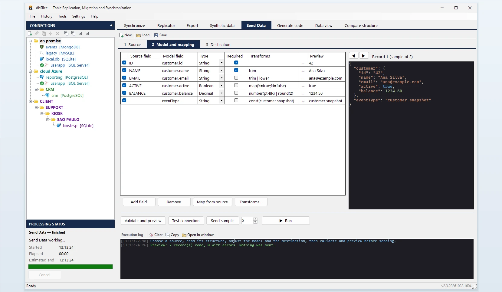 dbSlice Send Data tab